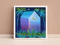 Tropical House Acrylic Painting on Canvas, Palm Tree Landscape Art (20x20 cm)