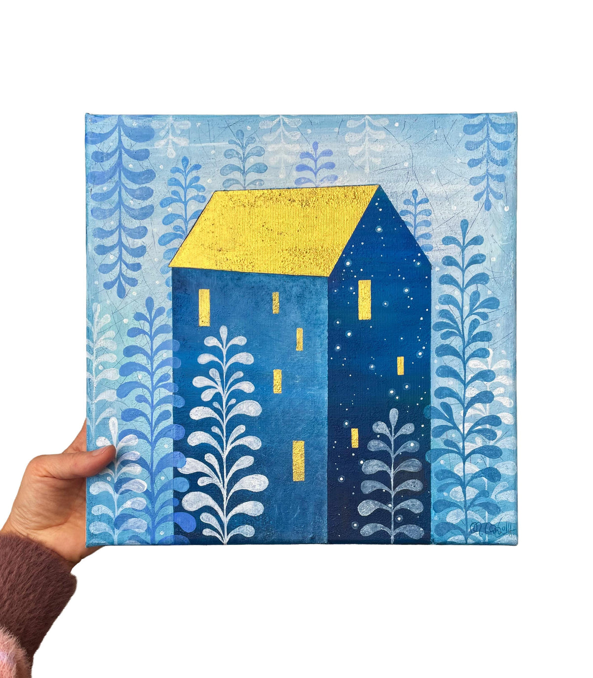 Blue House Abstract Painting, Acrylic  on Canvas, Modern  Artwork 30x40cm.(12x12 inch)