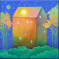 Luminous House Painting, Original Acrylic Painting on Canvas, Landscape Art, 20x20 cm