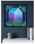 Tropical House Acrylic Painting on Canvas, Palm Tree Landscape Art (20x20 cm)