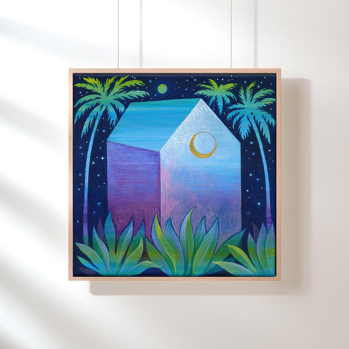 Tropical House Acrylic Painting on Canvas, Palm Tree Landscape Art (20x20 cm)