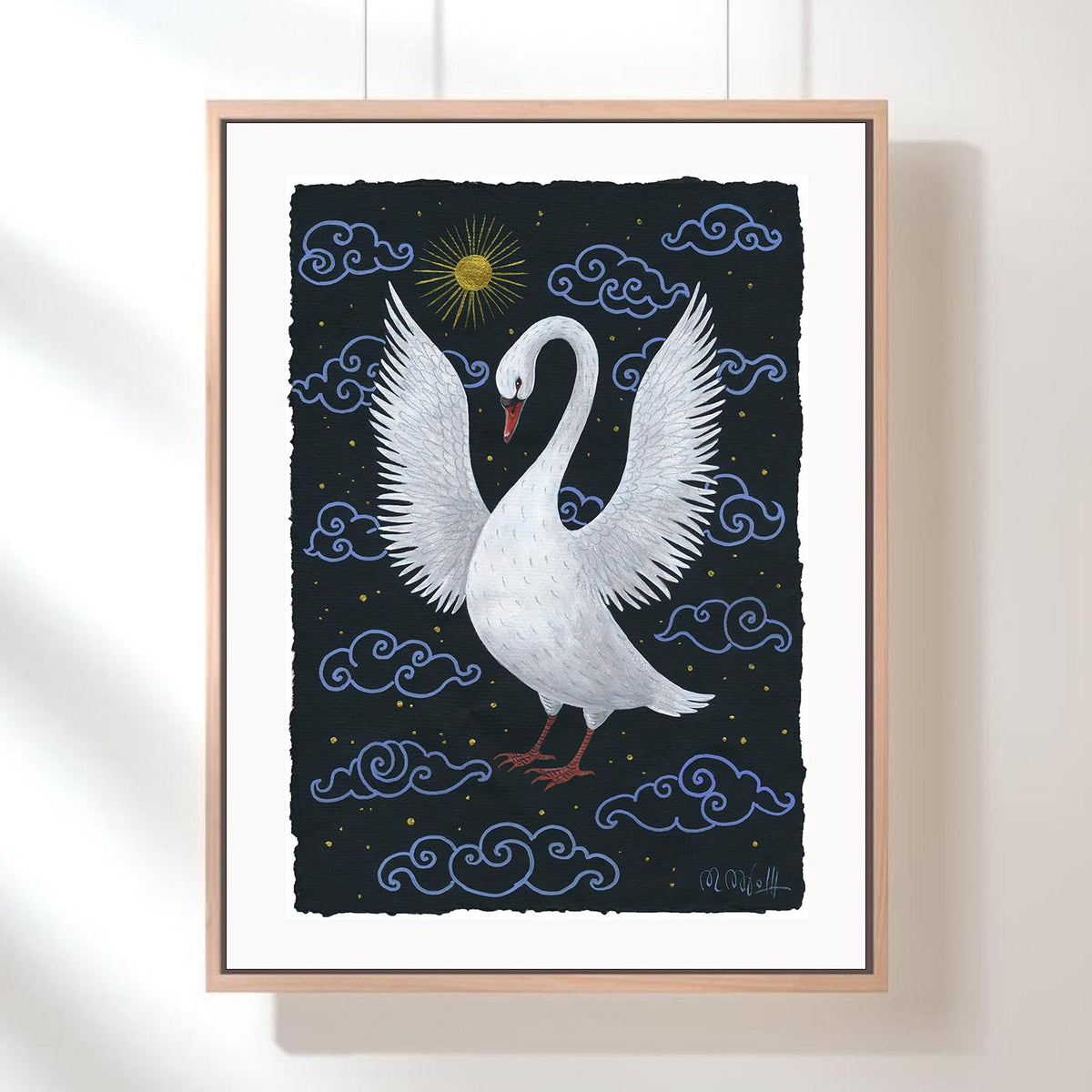 Schwan original Grafik, Acryl auf Papier 21 x 30 cm. Gotische Wohnkultur, Schwanenbild auf Künstlerpapier, Folk Art