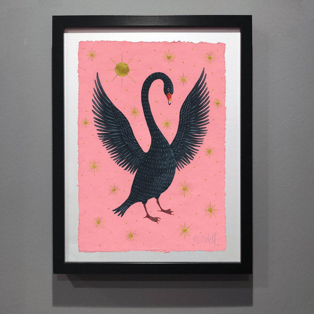 Schwan Original Grafik, Acryl auf Papier 21 x 30 cm. Gotische Wohnkultur, Schwanenbild auf Künstlerpapier, Folk Art