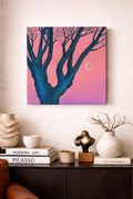 Original Acrylic Painting: Pink Twilight Trees, Minimalist Forest Landscape, Moon Art (30x30 cm)