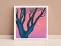 Original Acrylic Painting: Pink Twilight Trees, Minimalist Forest Landscape, Moon Art (30x30 cm)