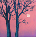 Original Acrylic Painting: Pink Twilight Trees, Minimalist Forest Landscape, Moon Art (30x30 cm)