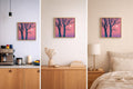 Original Acrylic Painting: Pink Twilight Trees, Minimalist Forest Landscape, Moon Art (30x30 cm)