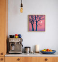 Original Acrylic Painting: Pink Twilight Trees, Minimalist Forest Landscape, Moon Art (30x30 cm)