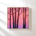 Original Acrylic Painting: Pink Twilight Trees, Minimalist Forest Landscape, Moon Art (30x30 cm)