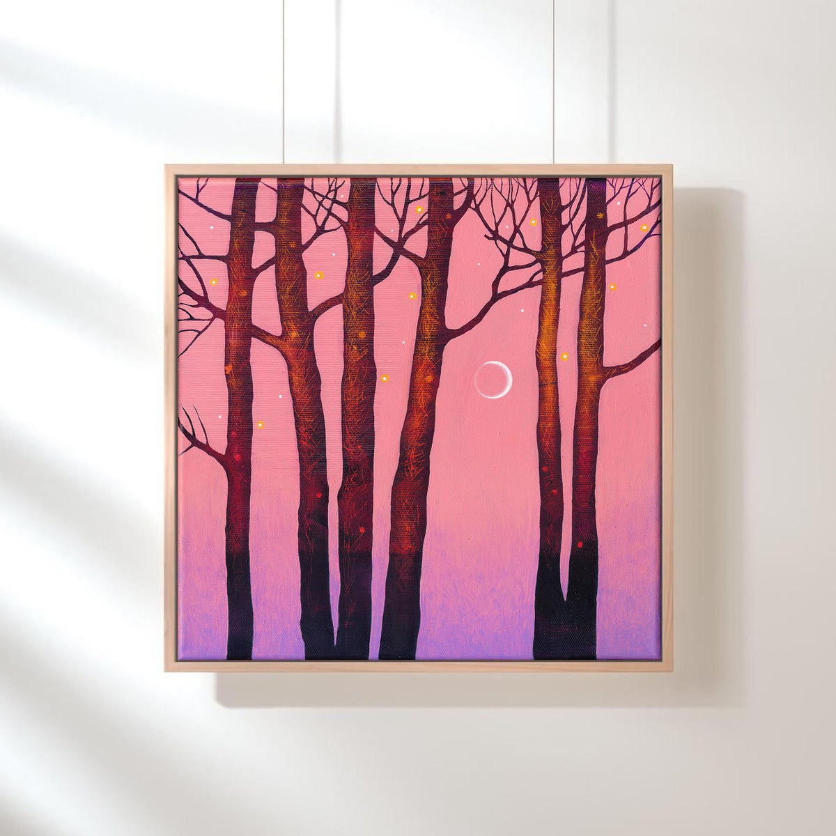Original Acrylic Painting: Pink Twilight Trees, Minimalist Forest Landscape, Moon Art (30x30 cm)