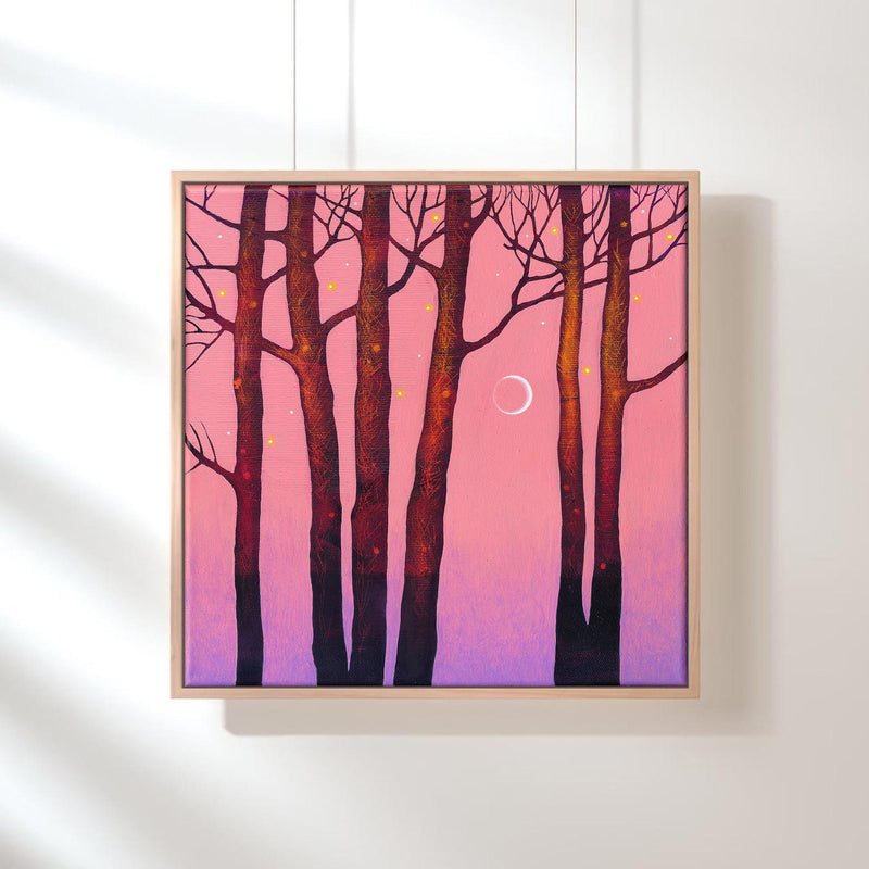 Original Acrylic Painting: Pink Twilight Trees, Minimalist Forest Landscape, Moon Art (30x30 cm)