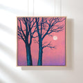 Original Acrylic Painting: Pink Twilight Trees, Minimalist Forest Landscape, Moon Art (30x30 cm)