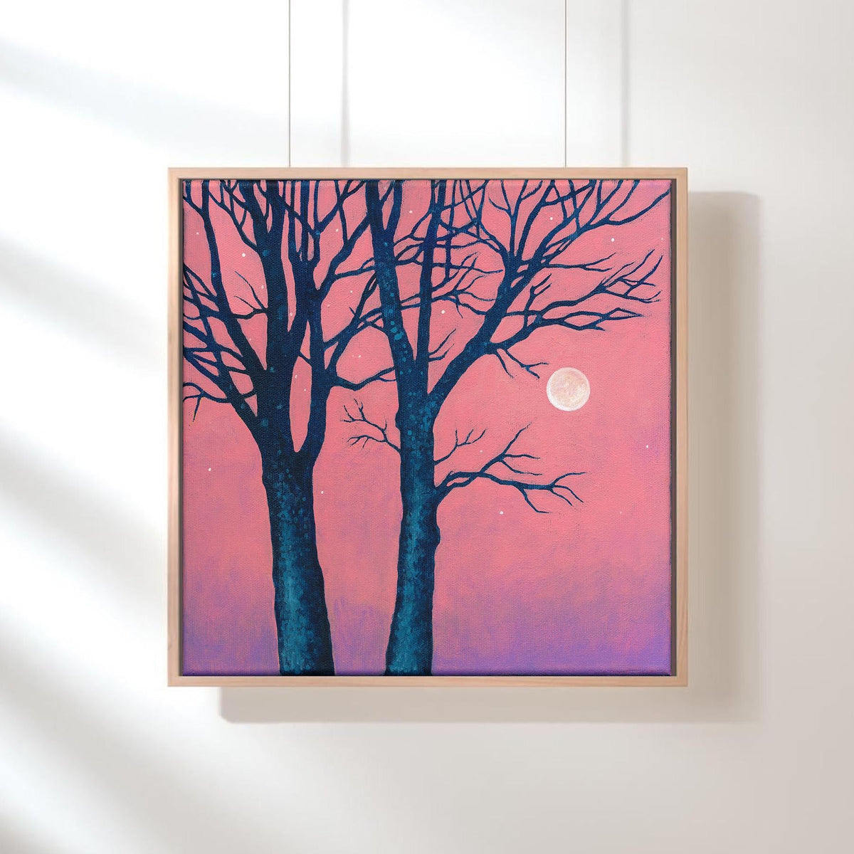 Original Acrylic Painting: Pink Twilight Trees, Minimalist Forest Landscape, Moon Art (30x30 cm)