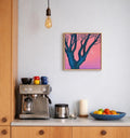 Original Acrylic Painting: Pink Twilight Trees, Minimalist Forest Landscape, Moon Art (30x30 cm)
