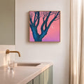 Original Acrylic Painting: Pink Twilight Trees, Minimalist Forest Landscape, Moon Art (30x30 cm)