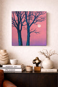 Original Acrylic Painting: Pink Twilight Trees, Minimalist Forest Landscape, Moon Art (30x30 cm)