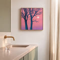 Original Acrylic Painting: Pink Twilight Trees, Minimalist Forest Landscape, Moon Art (30x30 cm)