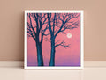 Original Acrylic Painting: Pink Twilight Trees, Minimalist Forest Landscape, Moon Art (30x30 cm)