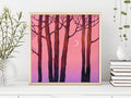 Original Acrylic Painting: Pink Twilight Trees, Minimalist Forest Landscape, Moon Art (30x30 cm)