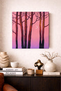 Original Acrylic Painting: Pink Twilight Trees, Minimalist Forest Landscape, Moon Art (30x30 cm)