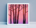 Original Acrylic Painting: Pink Twilight Trees, Minimalist Forest Landscape, Moon Art (30x30 cm)
