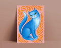 Postkarte A6 Blaue Katze  – Verspielte Katzen Illustration – Bunte Kunstkarte – Modernes Tiermotiv – Geschenk für Katzenliebhaber