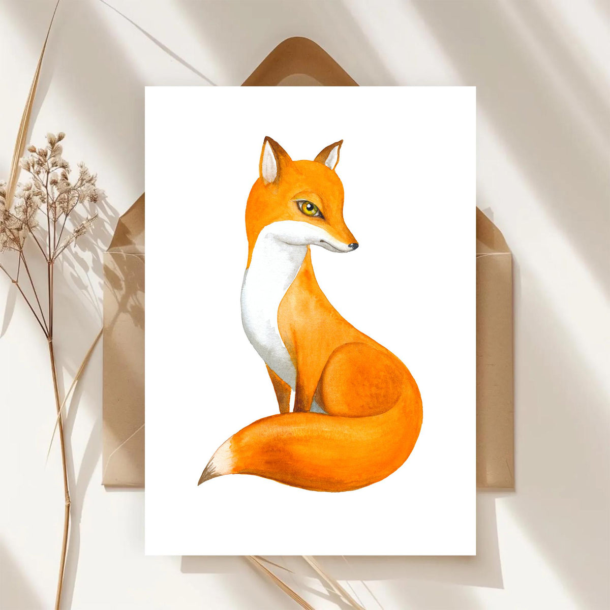 Kunstkarte Aquarell Fuchs Postkarte A6, Handgemalte Illustration, Minimalistische Tierkunst, Kunstkarte