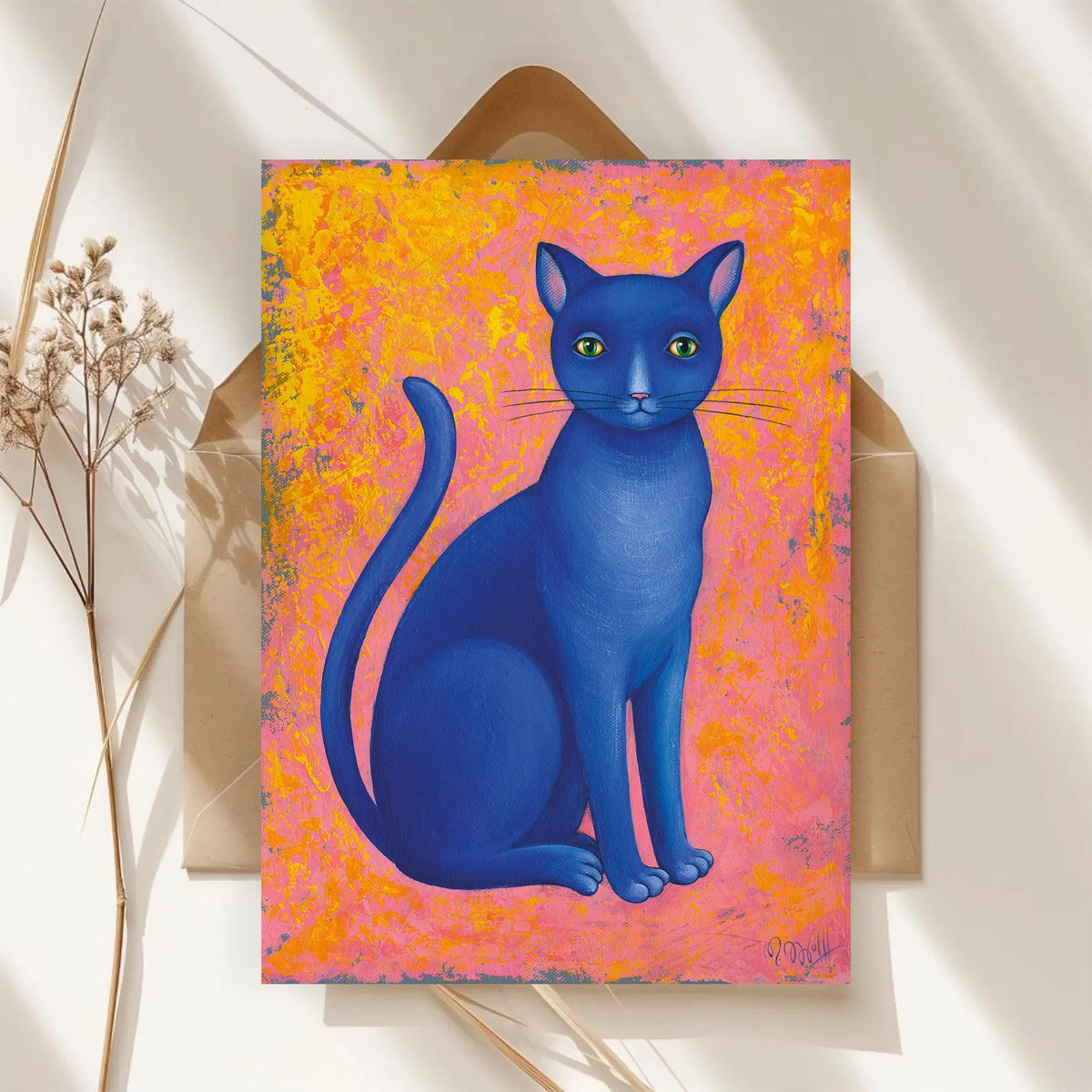 Postkarte A6, Kunstdruck, Blaue Katze, Magische Tierillustration, Acrylbild