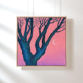 Original Acrylic Painting: Pink Twilight Trees, Minimalist Forest Landscape, Moon Art (30x30 cm)