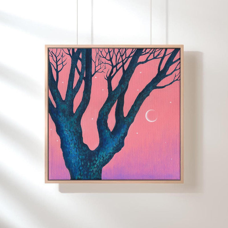 Original Acrylic Painting: Pink Twilight Trees, Minimalist Forest Landscape, Moon Art (30x30 cm)
