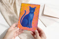 Postkarte A6, Kunstdruck, Blaue Katze, Magische Tierillustration, Acrylbild