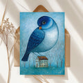 Postkarte Vogel auf dem Haus A6 Kunstkarte Grußkarte