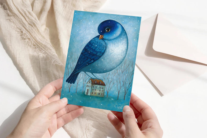 Postkarte Vogel auf dem Haus A6 Kunstkarte Grußkarte