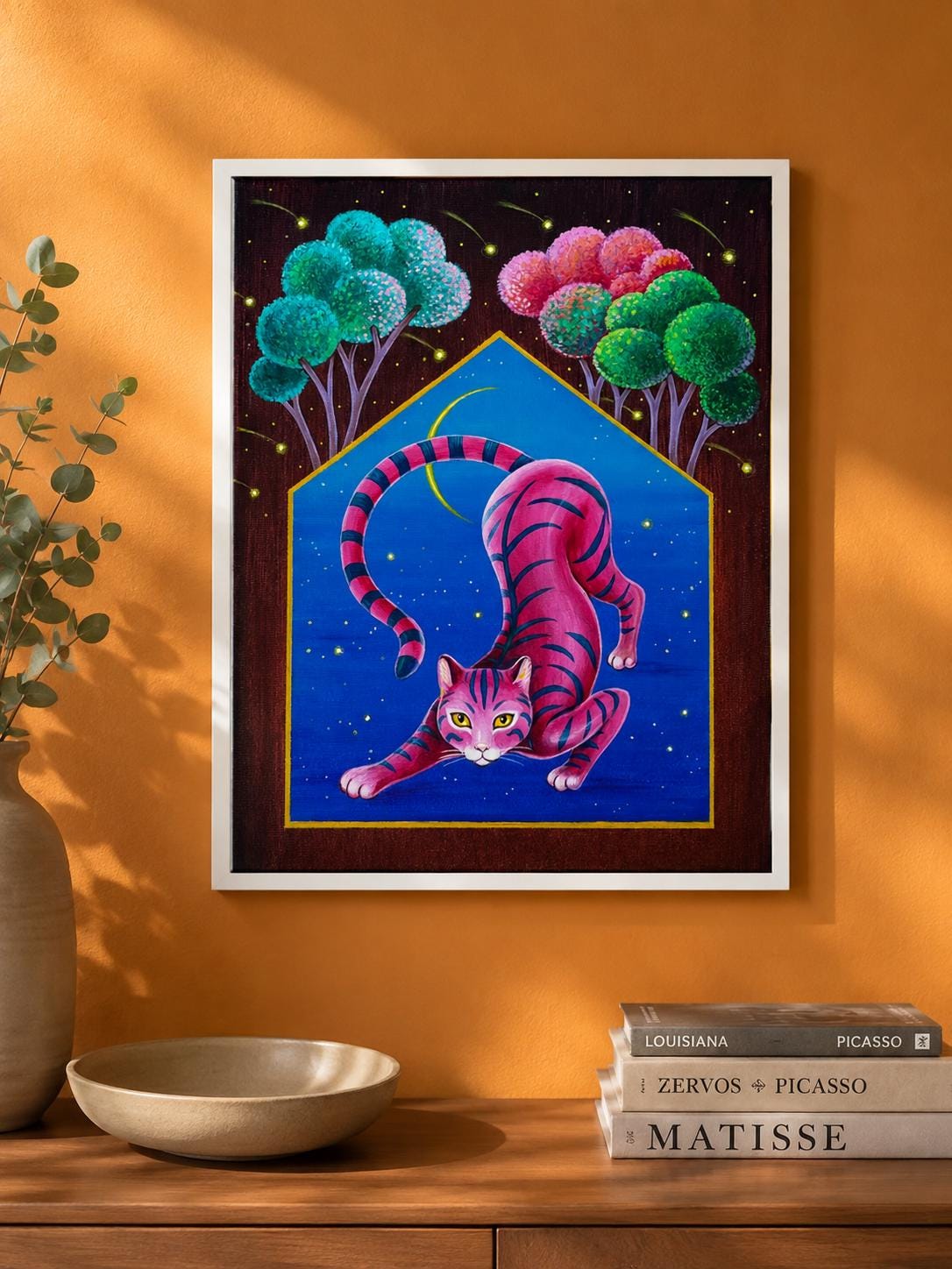 Magische rosa Katze im Mondlicht – Original Acrylgemälde auf Leinwand 30x40 cm | Fantasie Katze | Naive Kunst | Moderne Folk Art