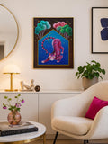 Magische rosa Katze im Mondlicht – Original Acrylgemälde auf Leinwand 30x40 cm | Fantasie Katze | Naive Kunst | Moderne Folk Art