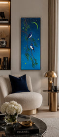 Schwalben Bild, Mond Bild, Vogel Gemälde, Nacht Himmel Kunst, Original Acrylgemälde auf Leinwand, Natur Wanddeko, 30 x 70 cm