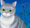 Original Katzenbild Acryl auf Leinwand 60x80 cm – Graue Katze mit grünen Augen – Katzen Gemälde – Geschenk für Katzenliebhaber