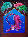 Magische rosa Katze im Mondlicht – Original Acrylgemälde auf Leinwand 30x40 cm | Fantasie Katze | Naive Kunst | Moderne Folk Art