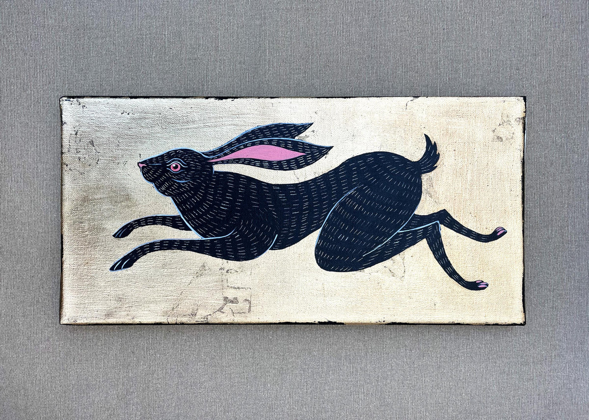 Schwarzer Hase auf Blattgold – Original Acrylgemälde 20 × 40 cm | Moderne Folk Art | Minimalistische Tierkunst auf Leinwand