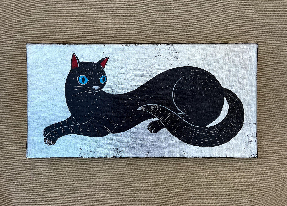 Schwarze Katze – Original Katzenbild, Acryl auf Leinwand, 20 × 40 cm, moderne Tierkunst, handgemalte Wanddekoration