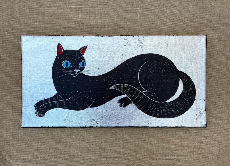Schwarze Katze – Original Katzenbild, Acryl auf Leinwand, 20 × 40 cm, moderne Tierkunst, handgemalte Wanddekoration