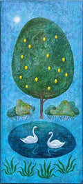 Zitronenbaum mit Schwänen – Naive Landschaft | Original Acrylgemälde 35 × 75cm