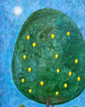 Zitronenbaum mit Schwänen – Naive Landschaft | Original Acrylgemälde 35 × 75cm