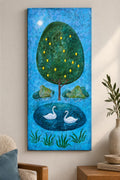 Zitronenbaum mit Schwänen – Naive Landschaft | Original Acrylgemälde 35 × 75cm
