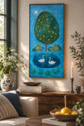Zitronenbaum mit Schwänen – Naive Landschaft | Original Acrylgemälde 35 × 75cm