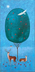 Paradiesbaum mit Rehen – Original Acrylgemälde, Apfelbaum, Waldkunst, ruhiges Naturbild 40 × 80 cm