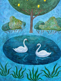 Zitronenbaum mit Schwänen – Naive Landschaft | Original Acrylgemälde 35 × 75cm