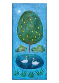 Zitronenbaum mit Schwänen – Naive Landschaft | Original Acrylgemälde 35 × 75cm