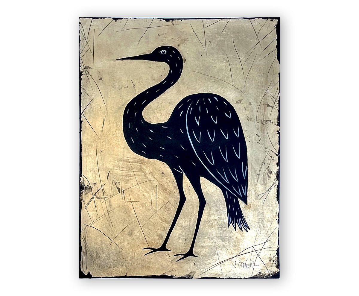 Reiher, Mitternachtsreiher – Original Acrylgemälde mit Blattgold auf Papier (30 × 40 cm)