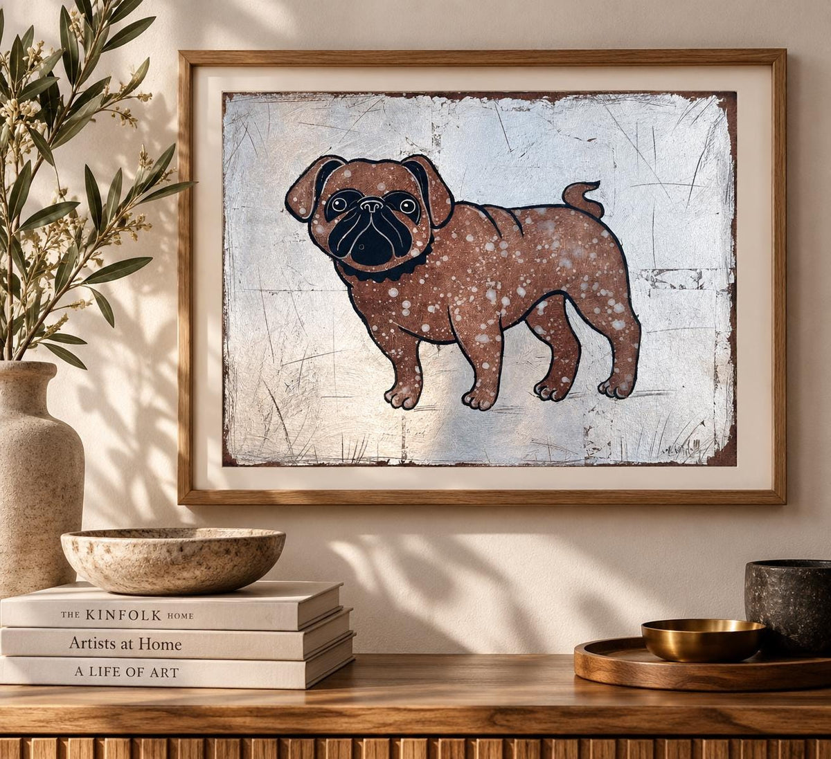 Mops in Silber – Original Acrylgemälde mit Silbermetall auf Papier (30 × 40 cm)